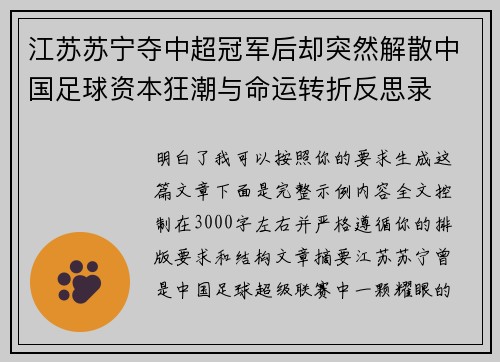 江苏苏宁夺中超冠军后却突然解散中国足球资本狂潮与命运转折反思录