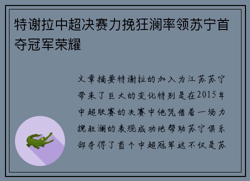 特谢拉中超决赛力挽狂澜率领苏宁首夺冠军荣耀