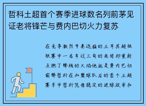 哲科土超首个赛季进球数名列前茅见证老将锋芒与费内巴切火力复苏 哲科土超首个赛季进球数名列前茅见证老将锋芒与费内巴切火力复苏